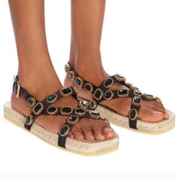 Gucci NEW SZ 36.5 Grosgrain Green Jewel Embellished Espadrille Flat Sandals - Picture 2 of 16